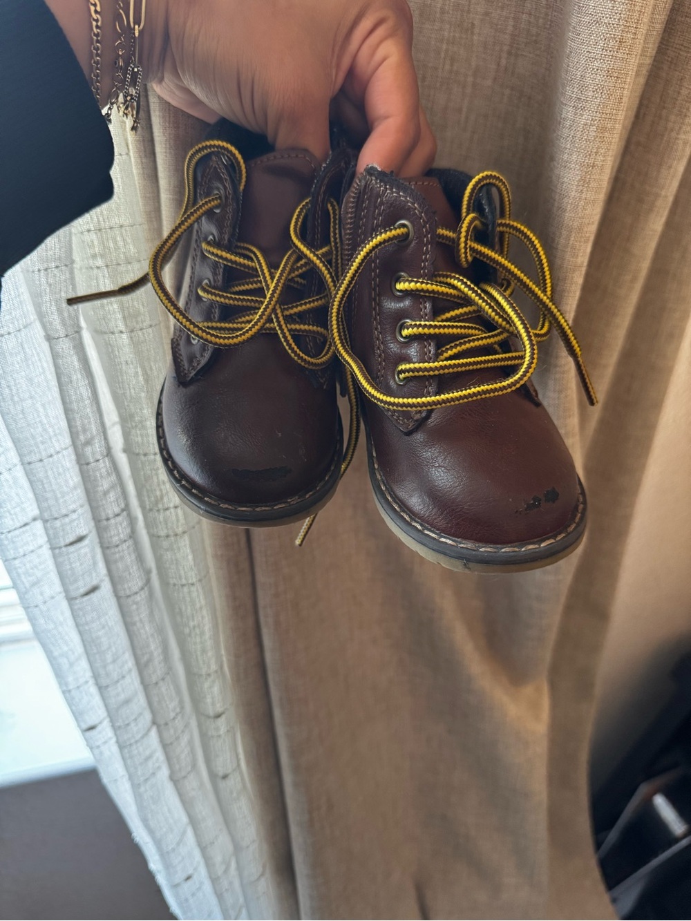 Lands' End Brown Leather Kids Lace-Up Boots with Yellow Laces